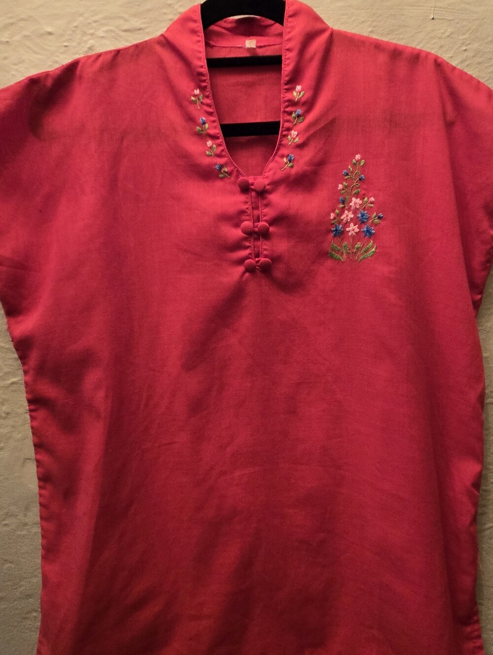 Vintage Floral Embroidered Red Tunic Top L Mandarin Collar Boho Cottagecore